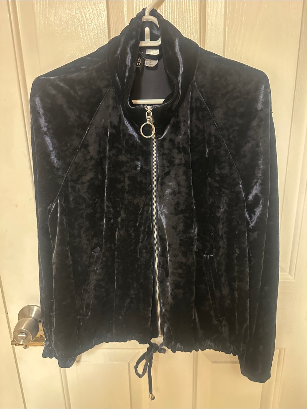 H&M Navy Blue Velvet Bomber Jacket with Ring-Zip